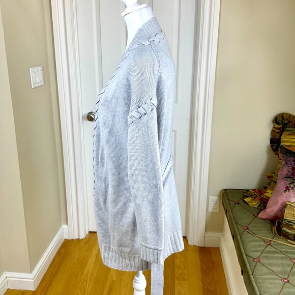 Magaschoni Sweater Cardigan Cashmere Long Line Belted Braid Detail Gray (S) - Picture 3 of 8